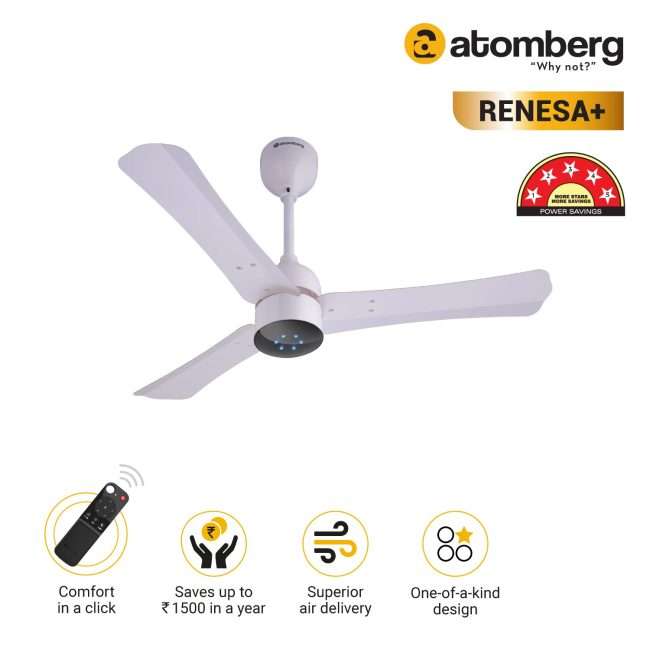 atomberg Renesa+ 900mm BLDC Motor 5 Star Rated Ceiling Fans for Home with Remote Control | Upto 65% Energy Saving High Speed Fan with LED Lights | 2+1 Year Warranty (Pearl White)