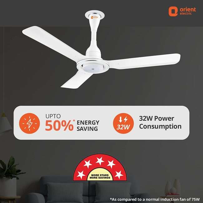 Orient Electric I- Float 1200mm 32W Intelligent BLDC Ceiling Fan for Home | 5 Star Rated Fan | Energy-saving and Cost-saving BLDC Ceiling Fan | 3-year Warranty (White)