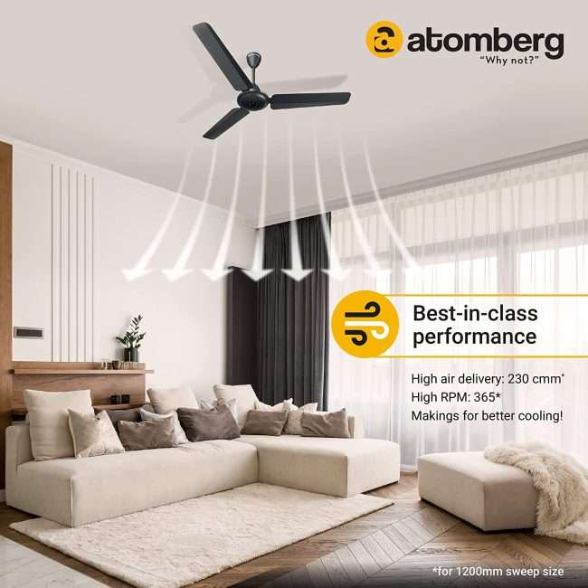 atomberg Ikano 1200mm BLDC Motor 5 Star Rated Ceiling Fans for Home with Remote Control | Upto 65% Energy Saving High Speed Fan with LED Lights | 2+1 Year Warranty (Black)