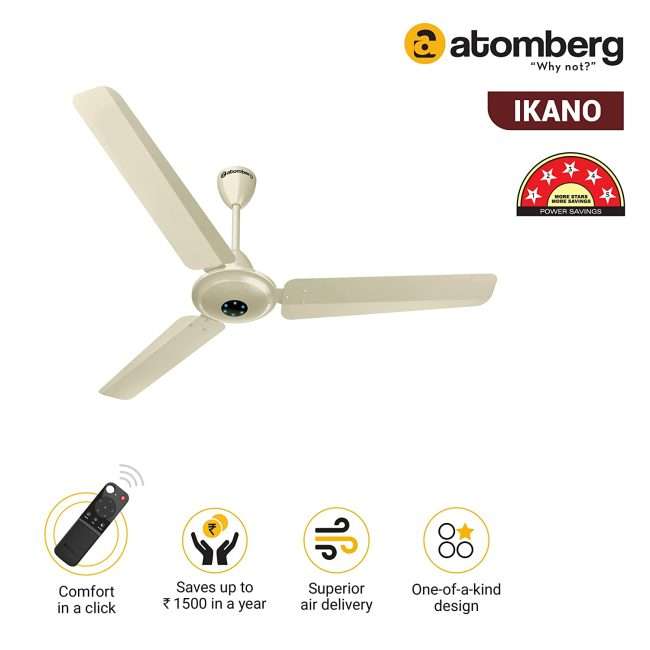 atomberg Ikano 1200mm BLDC Motor 5 Star Rated Ceiling Fans for Home with Remote Control | Upto 65% Energy Saving High Speed Fan with LED Lights | 2+1 Year Warranty (Ivory)