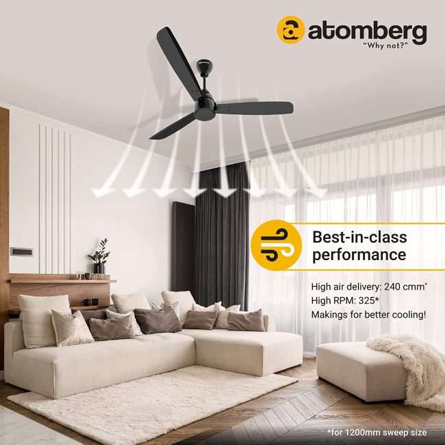 atomberg Renesa Alpha 1200mm BLDC Motor 5 Star Rated Ceiling Fans for Home with Regulator | Upto 65% Energy Saving High Speed Fan | 2+1 Year Warranty (Black)
