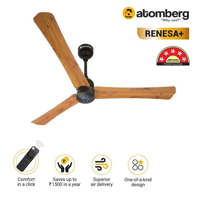 atomberg Renesa+ 1200mm BLDC Motor 5 Star Rated Ceiling Fans for Home with Remote Control | Upto 65% Energy Saving High Speed Fan with LED Lights | 2+1 Year Warranty (Golden oakwood)