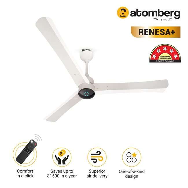 atomberg Renesa+ 1200mm BLDC Motor 5 Star Rated Ceiling Fans for Home with Remote Control | Upto 65% Energy Saving High Speed Fan with LED Lights | 2+1 Year Warranty (Pearl White)