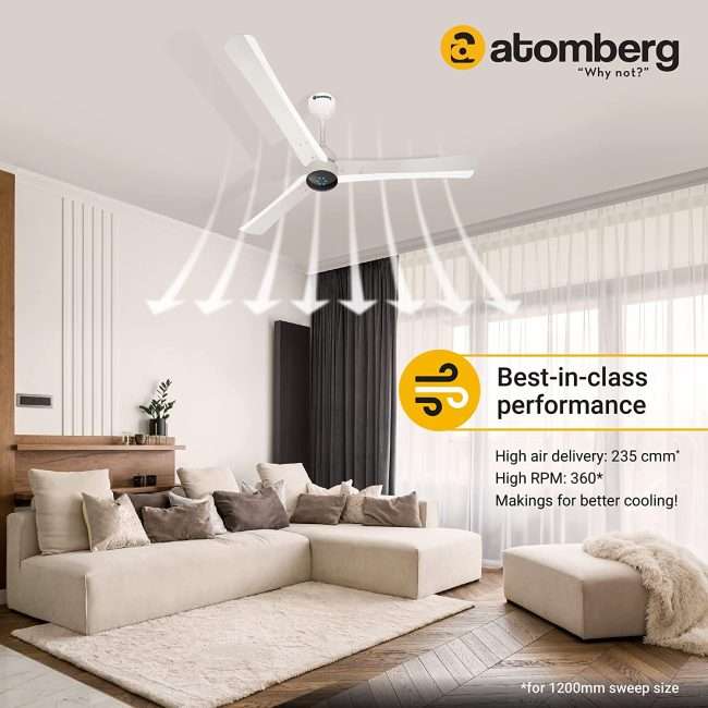 atomberg Renesa+ 1200mm BLDC Motor 5 Star Rated Ceiling Fans for Home with Remote Control | Upto 65% Energy Saving High Speed Fan with LED Lights | 2+1 Year Warranty (Pearl White)