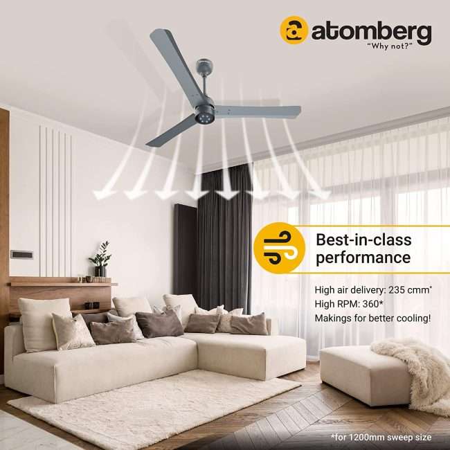 atomberg Renesa+ 1200mm BLDC Motor 5 Star Rated Ceiling Fans for Home with Remote Control | Upto 65% Energy Saving High Speed Fan with LED Lights | 2+1 Year Warranty (Sand Grey)