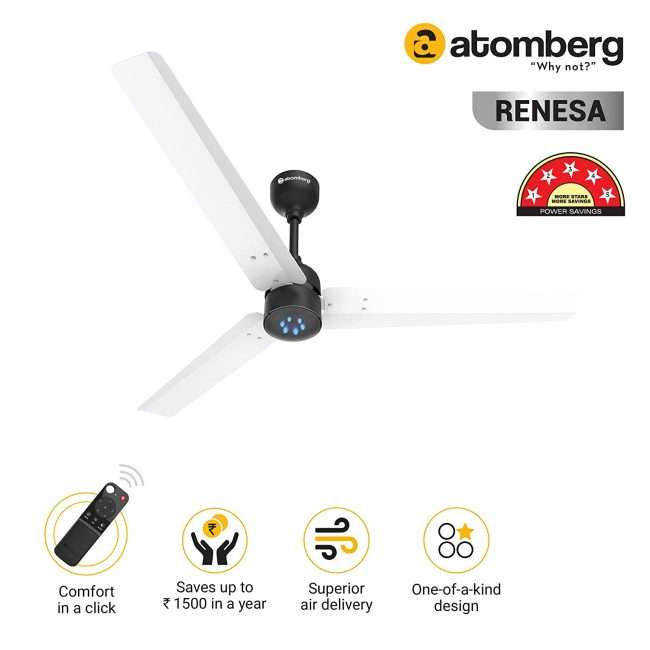 atomberg Renesa 1200mm BLDC Motor 5 Star Rated Ceiling Fans for Home with Remote Control | Upto 65% Energy Saving High Speed Fan with LED Lights | 2+1 Year Warranty (White and Black)