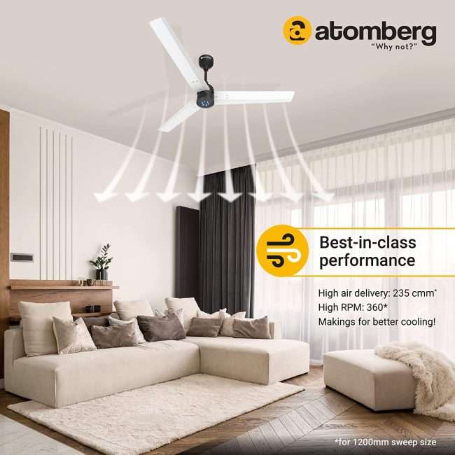 atomberg Renesa 1200mm BLDC Motor 5 Star Rated Ceiling Fans for Home with Remote Control | Upto 65% Energy Saving High Speed Fan with LED Lights | 2+1 Year Warranty (White and Black)