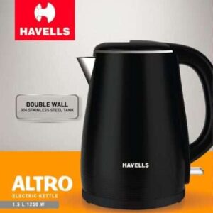 Havells Altro 1.5 Litre Double Wall Kettle / 304 Stainless Steel Inner Body/Cool Touch Outer Body/Wider Mouth/ 2 Year Warranty (Black, 1250 Watt)