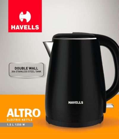 Havells Altro 1.5 Litre Double Wall Kettle / 304 Stainless Steel Inner Body/Cool Touch Outer Body/Wider Mouth/ 2 Year Warranty (Black, 1250 Watt)