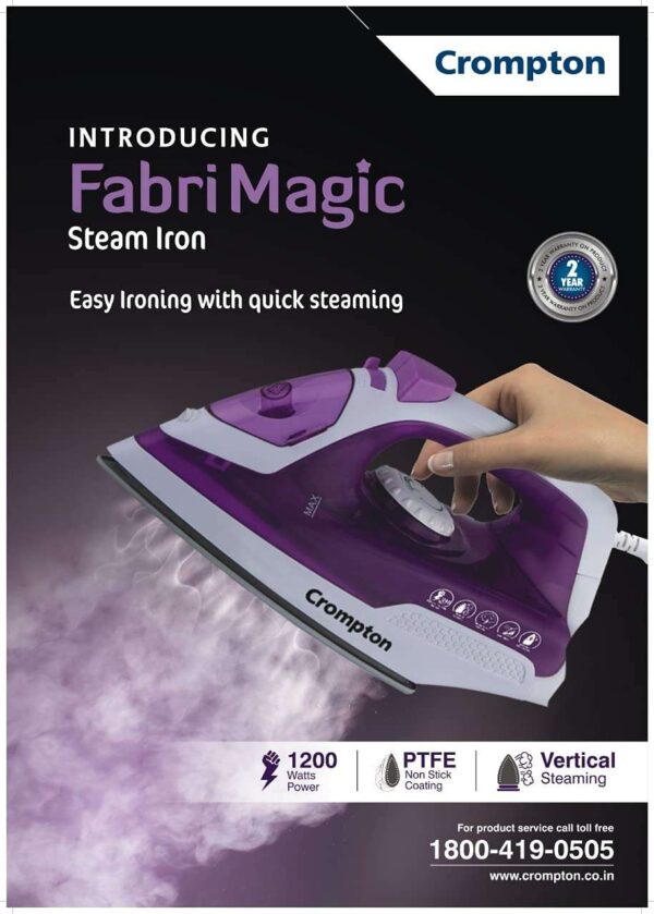 Crompton Fabrimagic 1200 W Steam Iron with 200 ml water tank, Upto 13g /min steam output and Teflon coating soleplate (purple), Small (ACGSI-FABRIMAGIC)