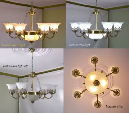 TRACKLITE JHUMMAR Antique Design Brass 6 Portuguese (HALL LIGHT) Style And 1 Glass Handi Antique Chandelier Chandelier Ceiling Lamp   Living Room Kids Room  Living Rooms, Dining Rooms, Halls or Bedrooms, jhumar Lighting for Home, jhumar for Hall(Brown, White)                                             (INSTALLATION FREE + 6  BULB FREE)