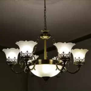 TRACKLITE JHUMMAR Antique Design Brass 6 Portuguese (HALL LIGHT) Style And 1 Glass Handi Antique Chandelier Chandelier Ceiling Lamp   Living Room Kids Room  Living Rooms, Dining Rooms, Halls or Bedrooms, jhumar Lighting for Home, jhumar for Hall(Brown, White)                                             (INSTALLATION FREE + 6  BULB FREE)