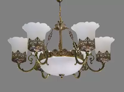 TRACKLITE JHUMMAR Antique Design Brass 6 Portuguese (HALL LIGHT) Style And 1 Glass Handi Antique Chandelier Chandelier Ceiling Lamp   Living Room Kids Room  Living Rooms, Dining Rooms, Halls or Bedrooms, jhumar Lighting for Home, jhumar for Hall(Brown, White)                                             (INSTALLATION FREE + 6  BULB FREE)