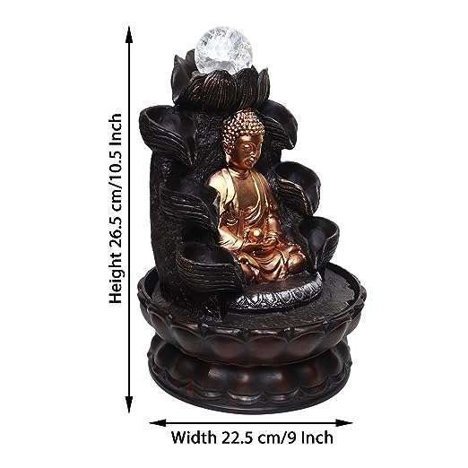 Lord Buddha Tabletop Waterfall Fountain Fengshui Meditation Relaxing Indoor Decoration, Lord Budha Ji Waterfall Kit with Crystal Ball and Led Light for Home Office Decor (Lord Buddha)