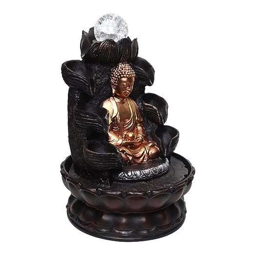 Lord Buddha Tabletop Waterfall Fountain Fengshui Meditation Relaxing Indoor Decoration, Lord Budha Ji Waterfall Kit with Crystal Ball and Led Light for Home Office Decor (Lord Buddha)