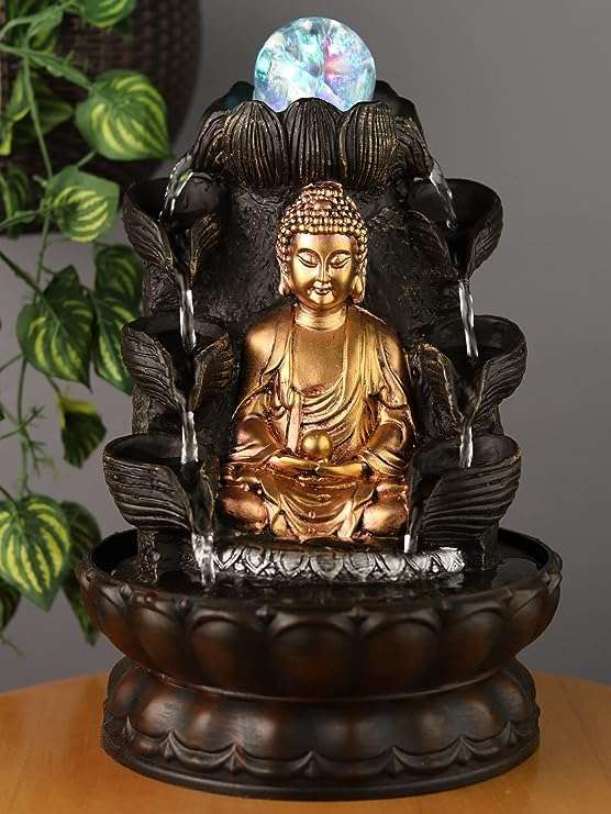 Lord Buddha Tabletop Waterfall Fountain Fengshui Meditation Relaxing Indoor Decoration, Lord Budha Ji Waterfall Kit with Crystal Ball and Led Light for Home Office Decor (Lord Buddha)