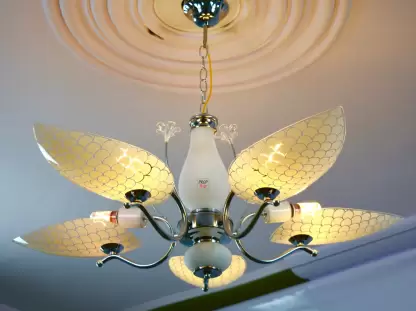 TRACKLITE Exclusive Economic Range of 5 Light Chandelier with Leaves Shape Glass Shade & Very fine Steel/crom Finished frem, for Bedroom, Drawing Room, Hall, Dinning, Shop) Chandelier Ceiling Lamp  (White)     (INSTALLATION FREE + 5 BULB FREE)