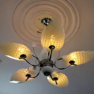 TRACKLITE Exclusive Economic Range of 5 Light Chandelier with Leaves Shape Glass Shade & Very fine Steel/crom Finished frem, for Bedroom, Drawing Room, Hall, Dinning, Shop) Chandelier Ceiling Lamp  (White)     (INSTALLATION FREE + 5 BULB FREE)