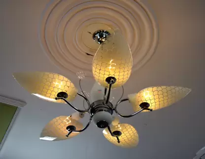 TRACKLITE Exclusive Economic Range of 5 Light Chandelier with Leaves Shape Glass Shade & Very fine Steel/crom Finished frem, for Bedroom, Drawing Room, Hall, Dinning, Shop) Chandelier Ceiling Lamp  (White)     (INSTALLATION FREE + 5 BULB FREE)