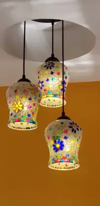 TRACKLITE CLASSICAL Antique PR-Maharaja Glass Three Light Ceiling with Black Fitting Chandelier Hanging for Bedroom, Living Room, Restaurant Pendants Ceiling Lamp Chandelier Ceiling Lamp  (Multicolor)  ( WITH BULB FREE FREE)