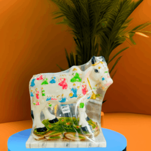 TRACKLITE Polyresin Kamdhenu Cow with Calf (Sacred Cow, Handcrafted) with Calf and Base (Chowki) Figurine, White (Hand Painted), 1 Piece