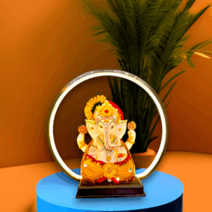 TRACKLITE   ( 14 inch L- 14 Inch W ) Marble Dust Ganesha Idol Ganesh Ji Murti Statue for Home Decor with Round Led Light Ganpati Ji Idol Sculpture Showpiece for Home Mandir Decoration (ep8in-ganeshjiRoundLedLight)