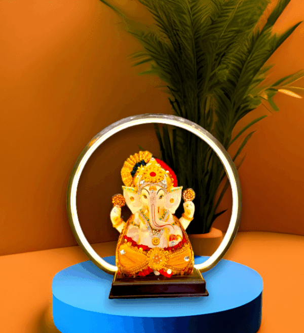 TRACKLITE   ( 14 inch L- 14 Inch W ) Marble Dust Ganesha Idol Ganesh Ji Murti Statue for Home Decor with Round Led Light Ganpati Ji Idol Sculpture Showpiece for Home Mandir Decoration (ep8in-ganeshjiRoundLedLight)