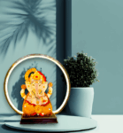 TRACKLITE   ( 14 inch L- 14 Inch W ) Marble Dust Ganesha Idol Ganesh Ji Murti Statue for Home Decor with Round Led Light Ganpati Ji Idol Sculpture Showpiece for Home Mandir Decoration (ep8in-ganeshjiRoundLedLight)