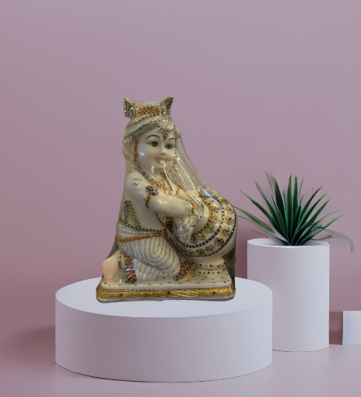 TRACKLITE Lord Krishna Standing with bansuri, Makhan Chor, Radha Krishan Murti Idol, Laddu Gopal, Krishnaji Decorative Showpiece for Home Poojan Use, Office - Polyresin, White ( 16 - inch L - 11 _ inch W )