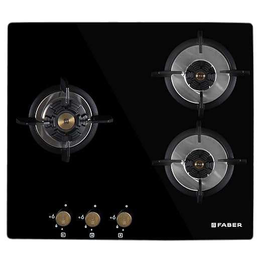 Faber Hob/Hobtop 3 Brass Burner Auto Electric Ignition Glass Top (Maxus HT603 CRS BR CI AI) Black ( 23- inch W _ 6- inch L ) 