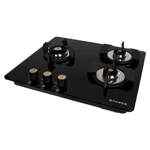 Faber Hob/Hobtop 3 Brass Burner Auto Electric Ignition Glass Top (Maxus HT603 CRS BR CI AI) Black ( 23- inch W _ 6- inch L ) 