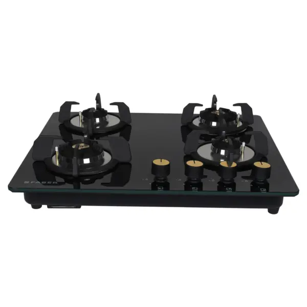 Faber Hob/Hobtop 4 Brass Burner Auto Electric Ignition Glass and Mild Steel Top (Maxus HT604 CRS BR CI AI) Black