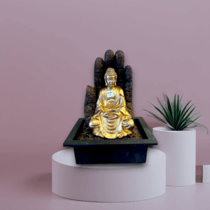 TRACKLITE  Polyresin Golden Brown Buddha Tabletop Home Decor Indoor Water Fall Fountain with Hand in Background Speed ​​Control PumpLED Rotating Ball (Size18 - inch L  __  11- inch W )| Weight: 1885 Gram)