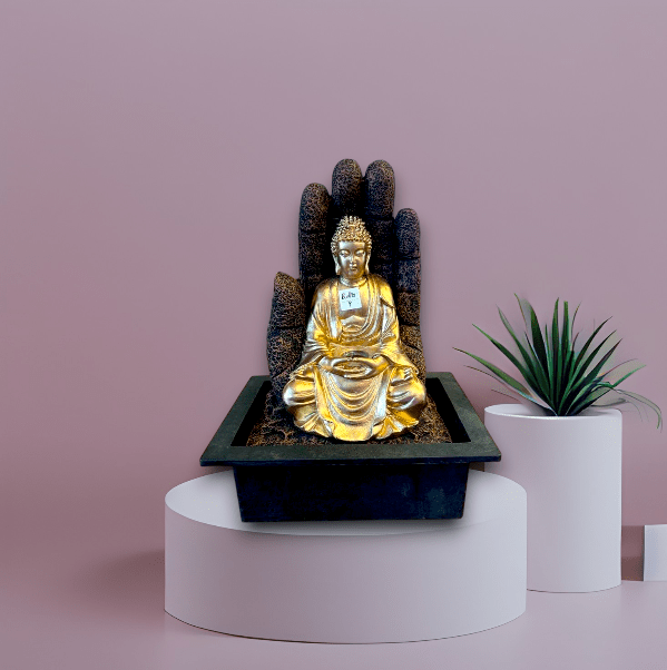 TRACKLITE  Polyresin Golden Brown Buddha Tabletop Home Decor Indoor Water Fall Fountain with Hand in Background Speed ​​Control PumpLED Rotating Ball (Size18 - inch L  __  11- inch W )| Weight: 1885 Gram)