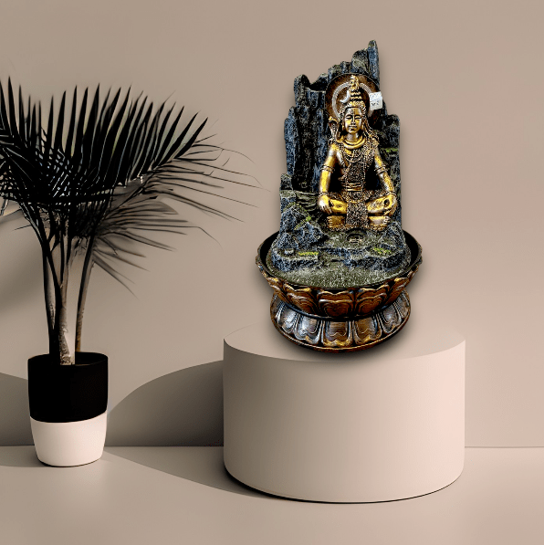 TRACKLITE  Golden and Grey Polyresin Tabletop Lord Shiva Rock Finish Home Decor Indoor Waterfall Fountain with Yellow LED Light and Speed Control Pump (Size: 17- inch L__ 11- inch W ) | Weight: 2060 Gram)