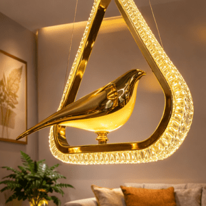 Twin Bird Gold Pendant Light, Modern Glass Hanging Lamp, 3-in-1 Color Changing LED Ceiling Light for Living Room, 20x25cm, Hardwired Installation