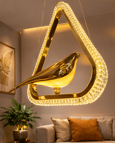 Twin Bird Gold Pendant Light, Modern Glass Hanging Lamp, 3-in-1 Color Changing LED Ceiling Light for Living Room, 20x25cm, Hardwired Installation