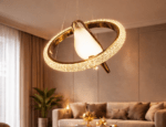 Gold Oval Ring Crystal Chandelier, 4-Pendant LED Ceiling Light with 3-in-1 Colour Changing Feature, Modern Jhoomer for Living Room