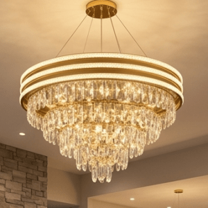 Lights for Ceiling 400 MM Golden Pineapple Shape 3-Tier K9 Glass Crystal Chandeliers for Living Room Smart 3 Mode LED Light Plate Jhumar Designer Bedroom and Dining Room