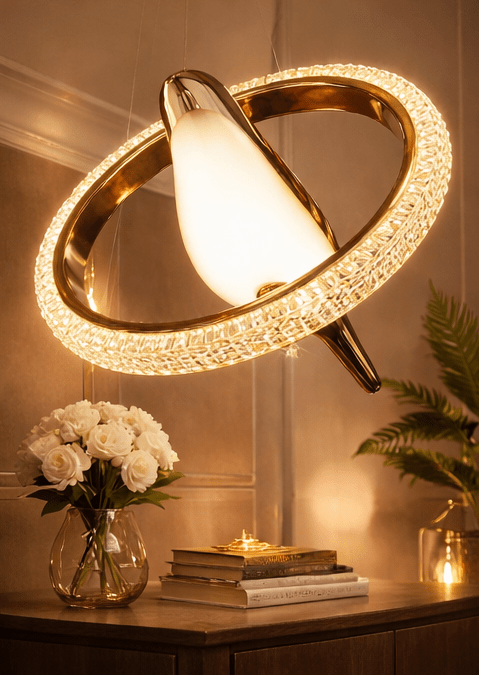 Gold Oval Ring Crystal Chandelier, 4-Pendant LED Ceiling Light with 3-in-1 Colour Changing Feature, Modern Jhoomer for Living Room