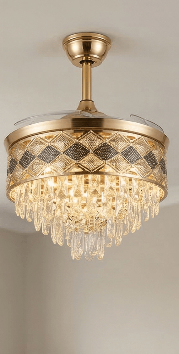 Ceiling Fan with Chandelier with 6 Speeds, Remote Control, Color Changing Lights, 36" Diameter with K9 Crystals (7620 GOLD)