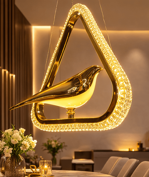Twin Bird Gold Pendant Light, Modern Glass Hanging Lamp, 3-in-1 Color Changing LED Ceiling Light for Living Room, 20x25cm, Hardwired Installation