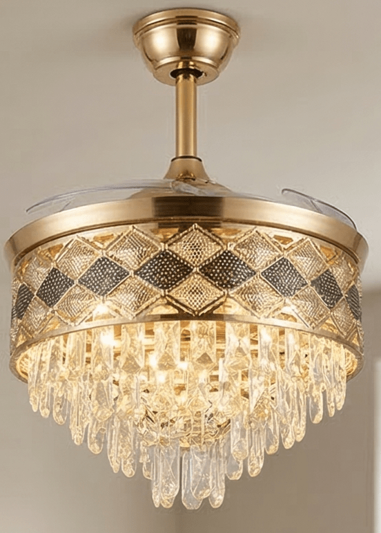Ceiling Fan with Chandelier with 6 Speeds, Remote Control, Color Changing Lights, 36" Diameter with K9 Crystals (7620 GOLD)