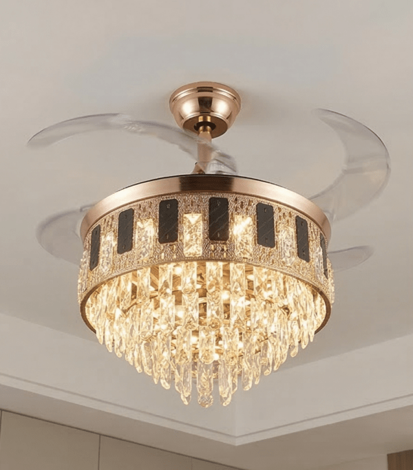 Crystal Ceiling Fan Chandelier Luxury 42 Inch Gold Retractable Light LED 3 Color Setting Control with Remote - Warm White_42 inchs_Full Golden