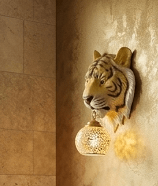 iger Head Wall Sconce with Crystal Globe Lamp – Decorative Wall Lighting for Living Room, Bedroom, Hallway – Artistic Design, Tiger Stripes, Gold Accents – Unique Home Décor Feature