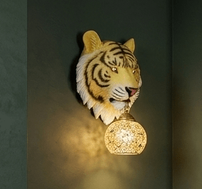 iger Head Wall Sconce with Crystal Globe Lamp – Decorative Wall Lighting for Living Room, Bedroom, Hallway – Artistic Design, Tiger Stripes, Gold Accents – Unique Home Décor Feature