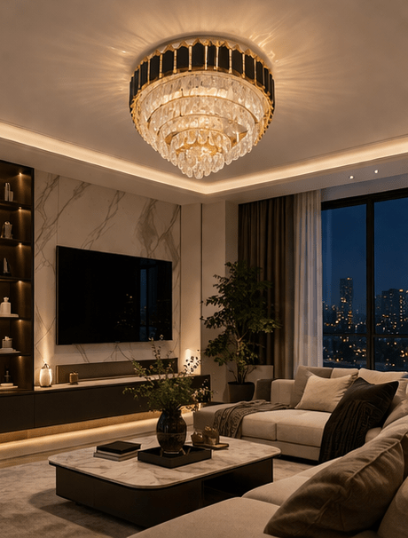 Jhumar Black Mamba Round Modern Crystal Hanging Chandelier (600mm/24inch) Decorative Ceiling Light/Lamp for Living Room, Bed Room, Hall, Dining Room