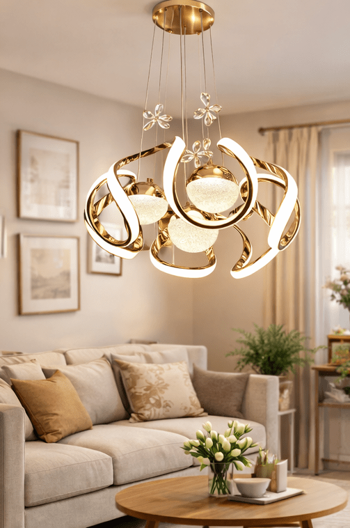 Glowave Modern LED Golden 400mm Round Pendant Hanging Chandelier Ceiling Light for Kitchen, Cafes Dining Bar - Tricolour (Warm White, White, Natural White) (Fancy, Modern)