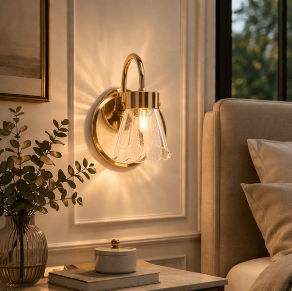 Brass Antique Finish Wall Lamp with Cup Glass Crackled Golden Luster Shade